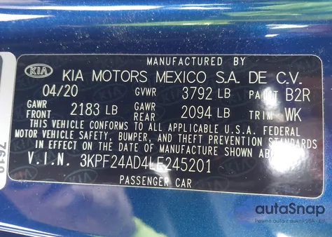2020 Kia Forte Lxs from USA, damaged, VIN 3KPF24AD4LE245201